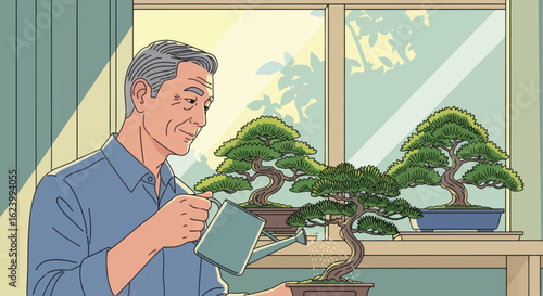 Man waters bonsai trees near a window sunlight streaming in