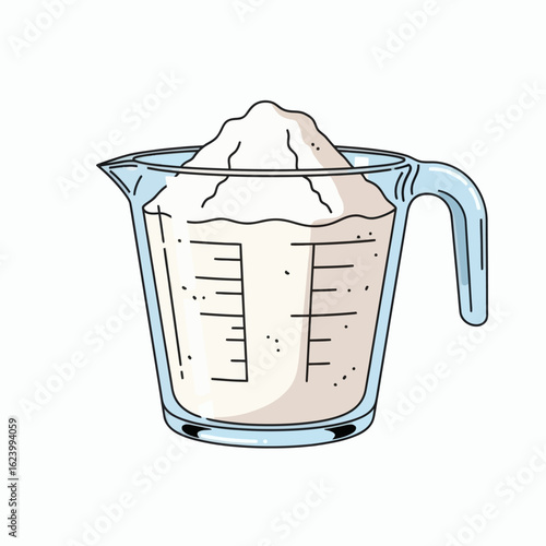 Measuring cup filled with white powder overflowing on top with visible measurements on its side