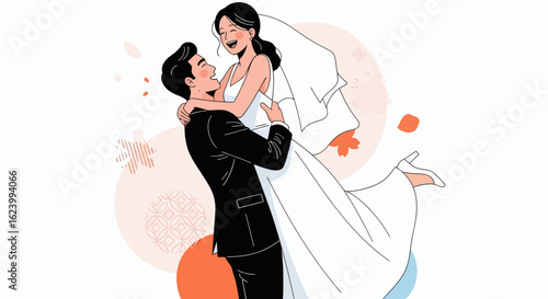 Newlywed couple in a joyful embrace the man holding the woman in his arms