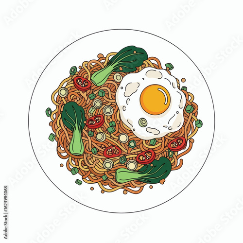Noodle dish topped with a fried egg and bok choy in a white plate