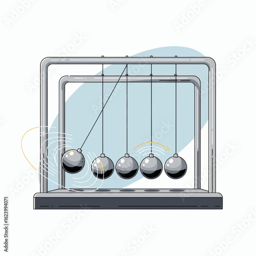 Newtons cradle illustrates kinetic energy metal spheres swing in a gray frame