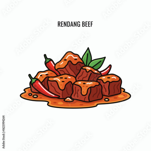 Rendang beef cubes with chili and basil drizzled with sauce on a pale surface