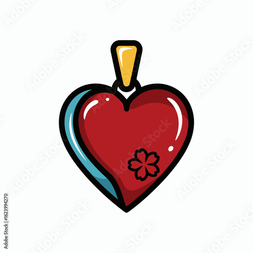 Red heart pendant with blue outline  gold bail black flower accent