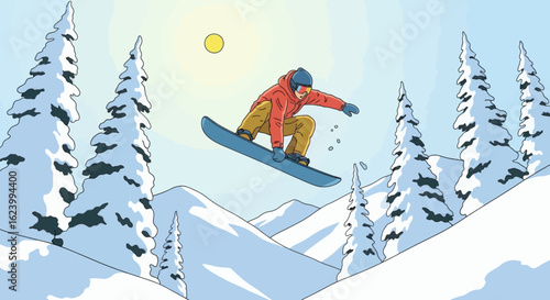 Snowboarder jumping in winter landscape with snowcovered trees and a sun
