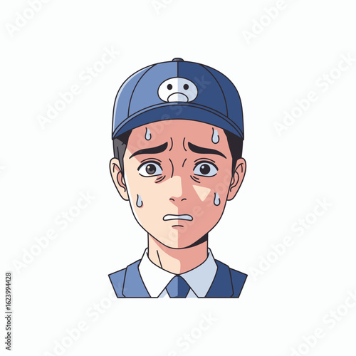 Sweaty man in blue cap with a sad face emblem looking distressed