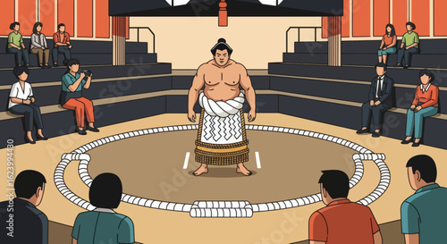 Sumo wrestler stands in a ring watched by spectators in stadium seating