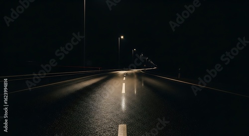 Eerie night road with streetlights, an atmospheric shot of a lonely, winding road bathed in the