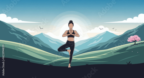 Woman in tree pose mountains backdrop sun halo pink cherry blossom tree peaceful scene