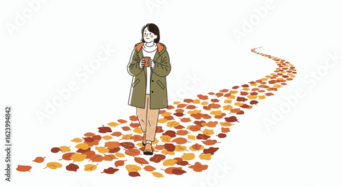 Woman on leaf path holds cup Autumn colors