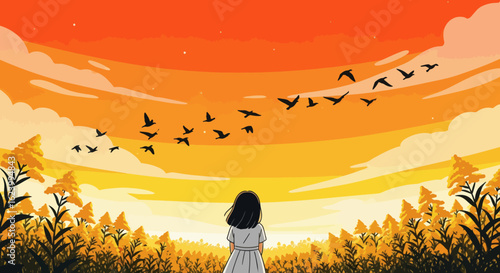 Woman gazes at sunset birds fly Field of goldenrod in foreground