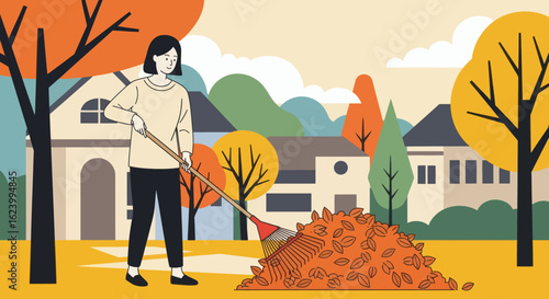 Woman rakes leaves in autumn Houses  trees in background