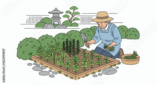 Woman tending a raised garden bed in a detailed outdoor illustration with various plants shrubbery and Japanesestyle stone lantern