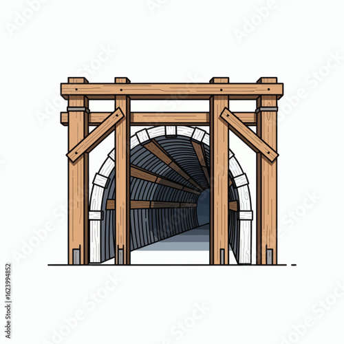 Woodframed tunnel entrance with arch support leading to a dark corrugated interior