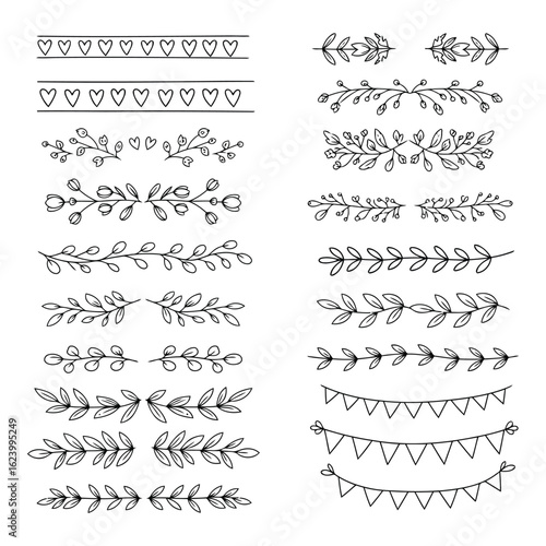 Art of collection of handdrawn botanical dividers and borders featuring leaves, flowers, and vines, isolated on white background