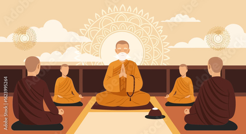 Spiritual Gathering Of Monks In Meditation Achieving Inner Peace And Enlightenment