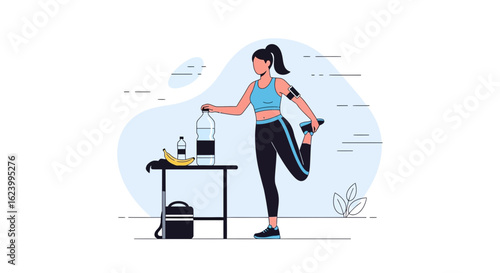 Sporty Woman Stretching Before Workout Preparing With Food And Water