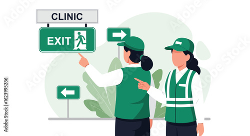 Staff Pointing Toward Exit Guidance and Clinic Signage in Healthcare Setting