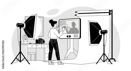 Woman photographer checking photos in a professional studio setting with equipment