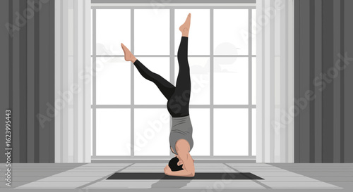 Woman Doing Yoga Pose Variation In Front Of A Window At Home