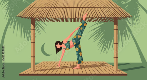 Woman Doing Yoga Pose Under A Hut Surrounded By Palm Trees
