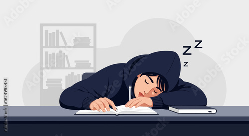 Student Overwhelmed With Homework, Exhausted Student Asleep Studying
