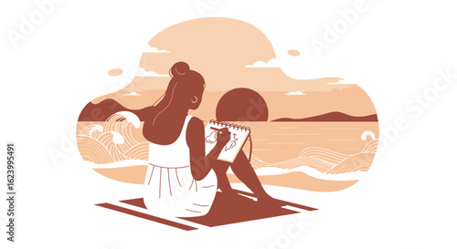 Woman Drawing Coastline Silhouette Art Creation on Beach Sunset View
