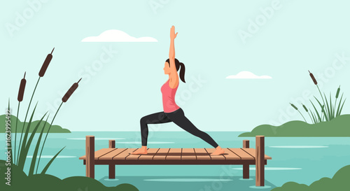 Woman Doing Yoga Warrior Pose on Wooden Pier by Lake in Peaceful Nature