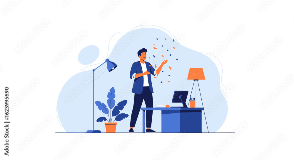 Successful Businessman Celebrating Project Success With Confetti In Workplace Successful Businessman Celebrating Project Success With Confetti In Workplace