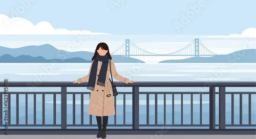 Woman Enjoying A San Francisco Bay View On A Breezy Autumn Day