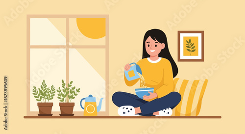 Woman Enjoying a Peaceful Morning With Cereal and Indoor Plants Beside Window