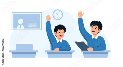Students Raising Hands In Class Illustrative Vector Scene For Educational Content