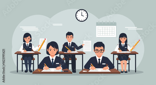 Students Taking An Exam In Class Showing Anxious Expressions And Concentration