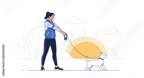 Woman Enjoying An Outdoor Morning Walk With Her Dog During Sunrise