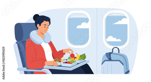 Woman Enjoying Airplane Meal High Above Clouds During Flight Adventure