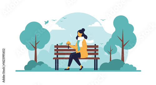 Woman Enjoying Autumn Weather Sitting In The Park Vector Illustration