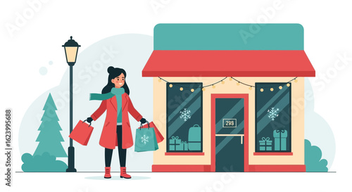 Woman Enjoying Christmas Shopping Spree at Boutique Store with Holiday Decorations