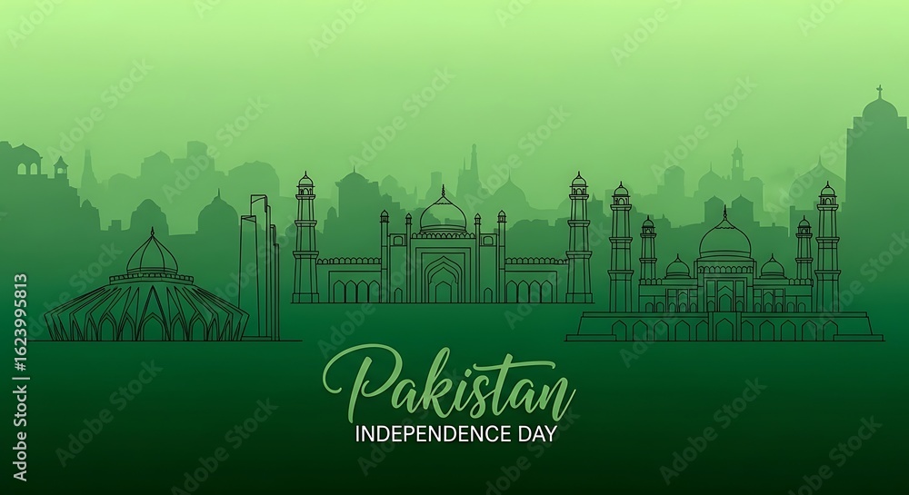Fototapeta premium Pakistan Independence Day: Green Skyline of Iconic Mosques and Modern Architecture