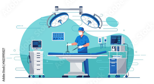 Surgeon Prepares For Operation Under Surgical Lights In Operating Room