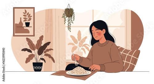 Woman Enjoying Home Cooked Meal In A Relaxing And Cozy Interior Setting