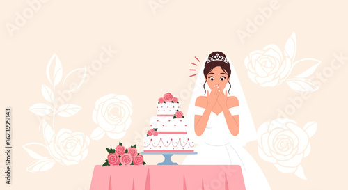 Surprised Bride Looks At Her Exquisite Cake During Her Dream Wedding Day