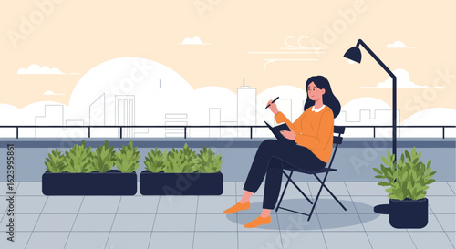 Woman Enjoying Leisure Time on City Rooftop Terrace with Garden