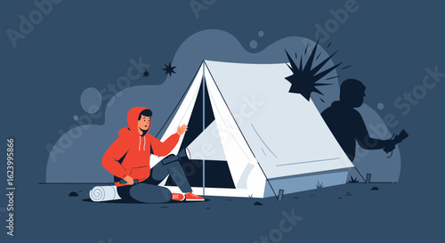 Surprised Camper Witnessing A Tent Sabotage Under Starry Sky Illustration
