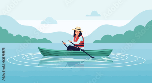 Woman enjoying leisurely canoe ride on peaceful lake with scenic backdrop illustration