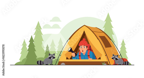 Surprised Hiker Discovering Raccoons Outside A Tent On A Camping Trip