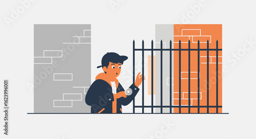Surprised Young Man Behind Fence In An Alleyway With Brick Walls
