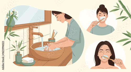 Sustainable Morning Routine Depicts Woman Washing Hands And Brushing Teeth