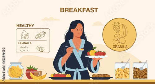 Woman Enjoying Nutritious Granola Breakfast At Home For A Healthy Lifestyle