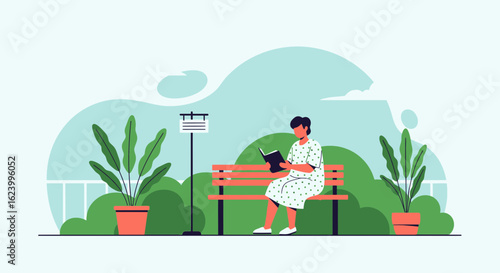Woman Enjoying Novel And Serene Nature On Park Bench With Reading Book