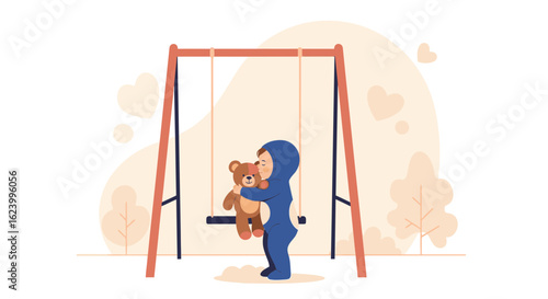 Sweet Embrace Of Child And Teddy Bear On A Swing Set Illustration