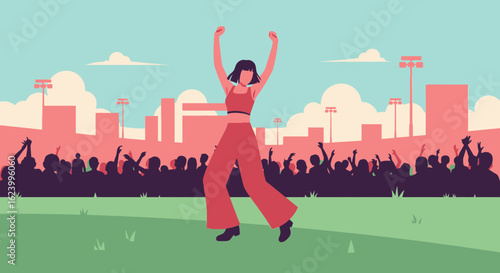 Woman Enjoying Outdoor Music Festival With Cheering Crowd And Urban Skyline